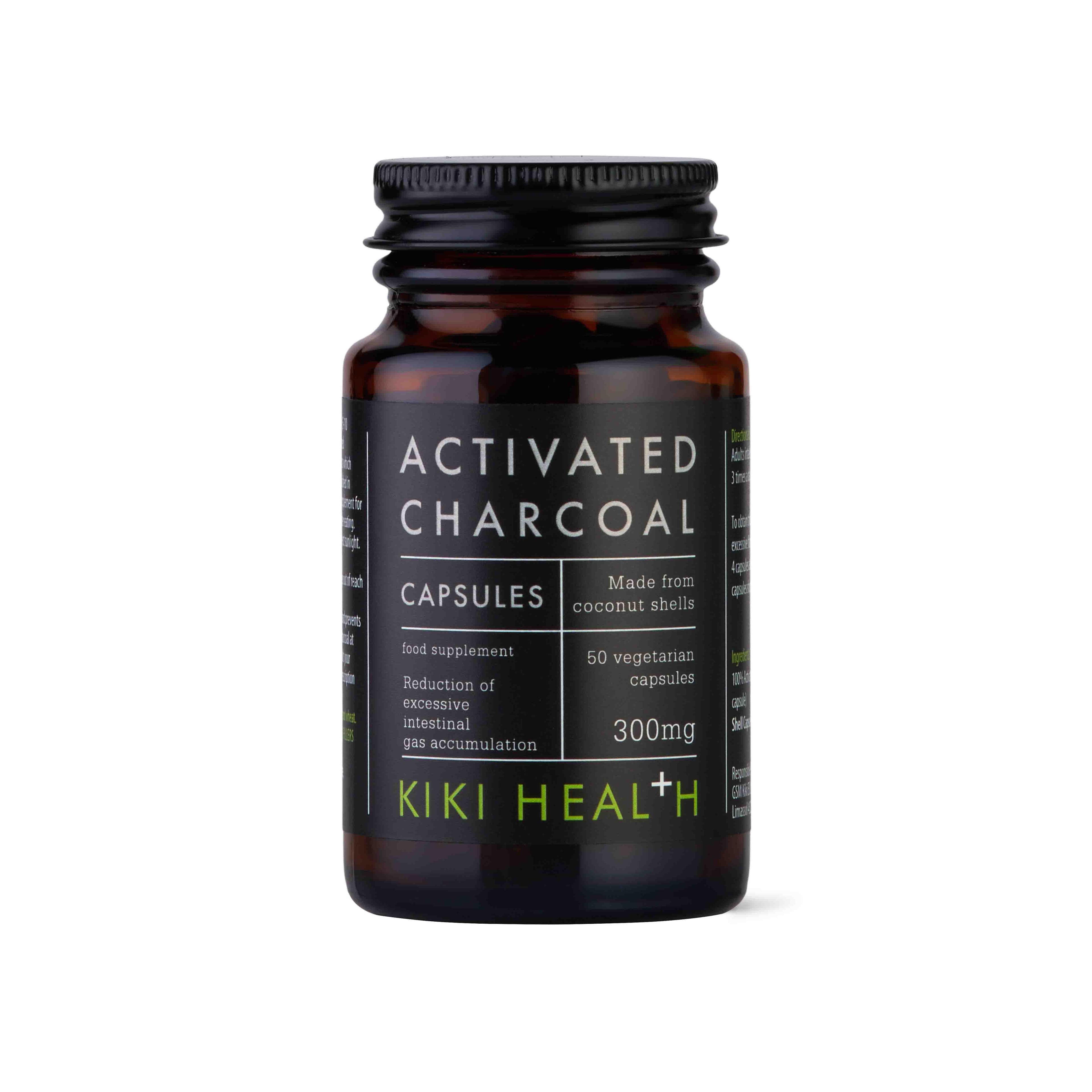 Bottle of Kiki Health Activated Charcoal Capsules on a white background